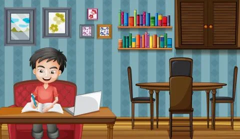 Scene with boy working on computer at home 스톡 일러스트