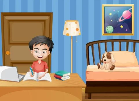 Scene with boy writing in bedroom Stock Illustration