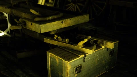 Scene captures organized clutter of woodworking tools and shavings Stock-Footage 343621150