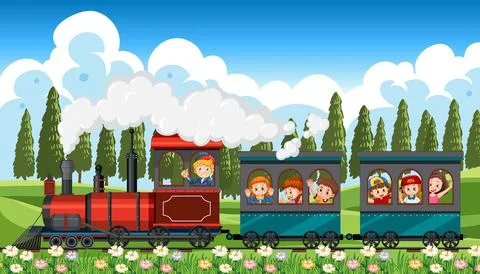 Scene with children riding train in the field Stock Illustration