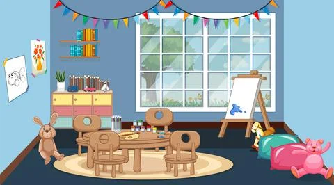 Scene of classroom with table and board Stock Illustration