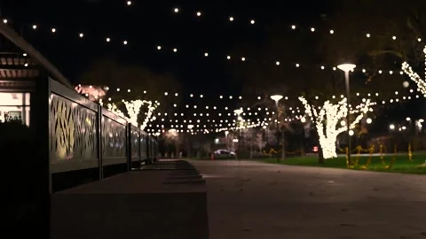 A scene of a cold christmas night, empty walk way with broken christmas lights Stock Footage 325371648