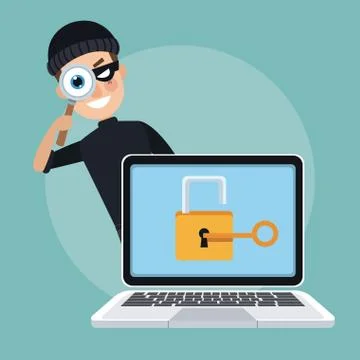 Scene color laptop with padlock key and thief man hacker spying with loupe Stock Illustration