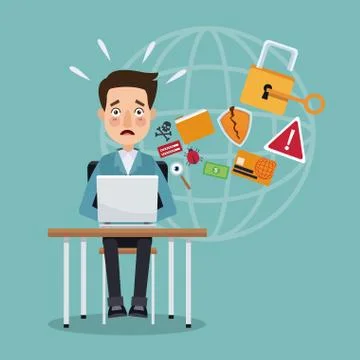 Scene color programmer man in desk with laptop preventing global attack Stock Illustration
