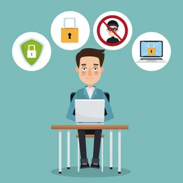 Scene color programmer man in desk with laptop working in security Stock-Illustration