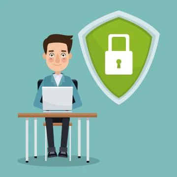 Scene color programmer man in desk with laptop working in security shield イラスト素材