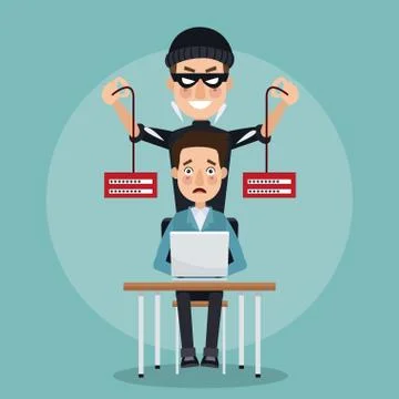 Scene color programmer man in desk with laptop and thief man hacker stealing Stockillustratie