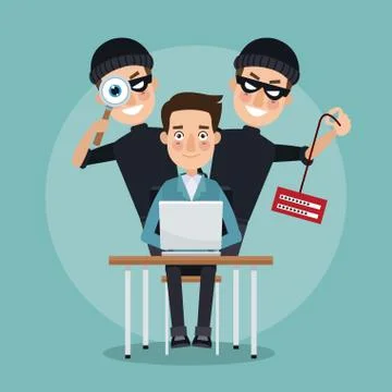 Scene color programmer man in desk with laptop and pair thief men hacker 스톡 일러스트