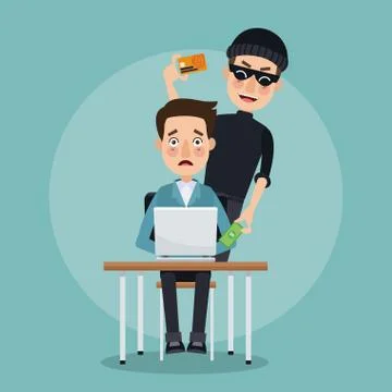 Scene color programmer man in desk with laptop and thief man hacker stealing Stock-Illustration