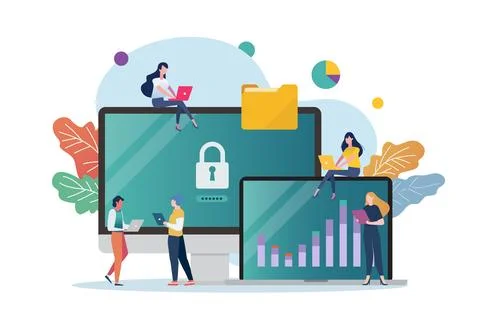 Scene of computer class with tiny people. Stock Illustration