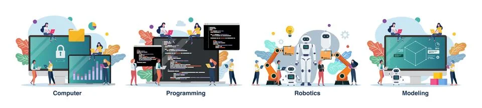 Scene of computer modeling robotics and programming class with tiny people. Stock Illustration