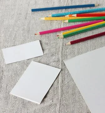 Scene creator. empty card and business card on the table. Foto stock