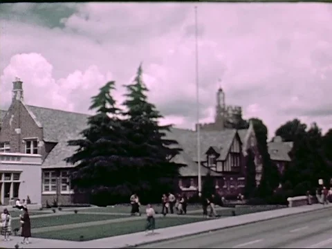Scene of crowded parks and school buildings at Oakland - 1950 Stock Footage 119107272