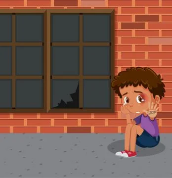 Scene with crying boy sitting alone at the building Stock Illustration