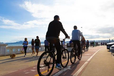 Scene of the cycle path at Ponta da Praia, in Santos, during a late afternoon Stock Photos