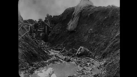 Scene of damage done to battery and dugouts by the enemy shell fire - 1918 Video stock 87608899