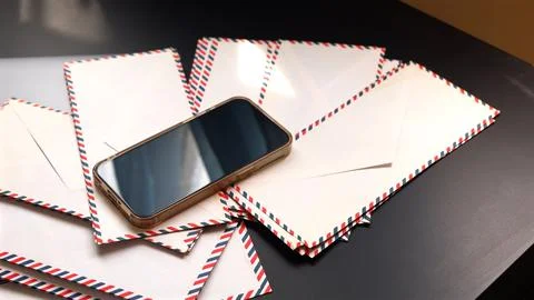 Scene depicts evolution of communication as smartphone rests on envelopes Stock Photos