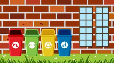 Scene with different types of garbage bins Illustrazione stock