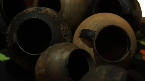 Scene displaying aged clay ware featuring rough textured surfaces Stock Footage 337938903