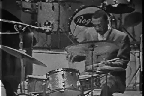 Scene of drummer plays a drum set at Newport Jazz Festival - 1960 Stock Footage 116878504