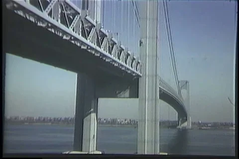Scene of East river pass through Throg's Neck Bridge in New York City - 1970 Stock Footage 99784974