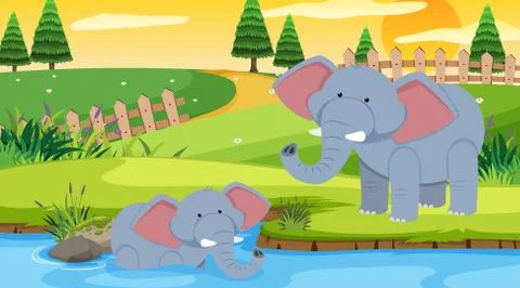 Scene with elephants in the park Ilustración de archivo