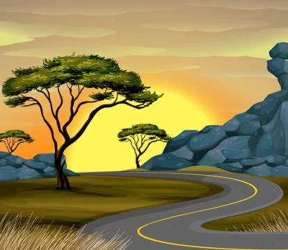 Scene with empty road at sunset Stock Illustration