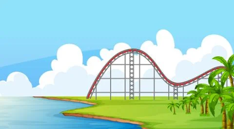 Scene with empty roller coaster track in the field Stock Illustration