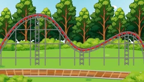 Scene with empty roller coaster track in the park Stock Illustration