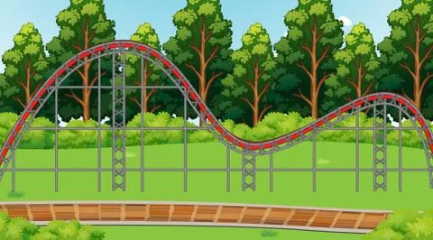 Scene with empty roller coaster track in the pakr Stock Illustration