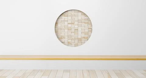 Scene empty room with circle ideas. japanese room interior. Circle shelf wall Ilustración de archivo