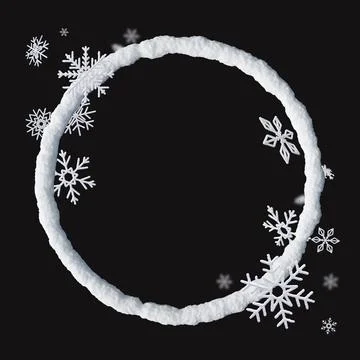 This scene features a 3D render of a snow circle frame adorned with delicat.. Stock Illustration