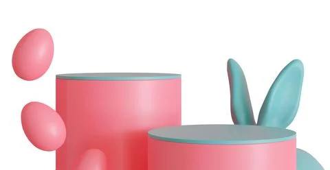 A scene features two pink podiums with eggs arranged around them and bunny .. Stock Illustration