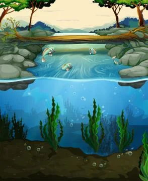 Scene with fish swimming in the river Ilustración de archivo