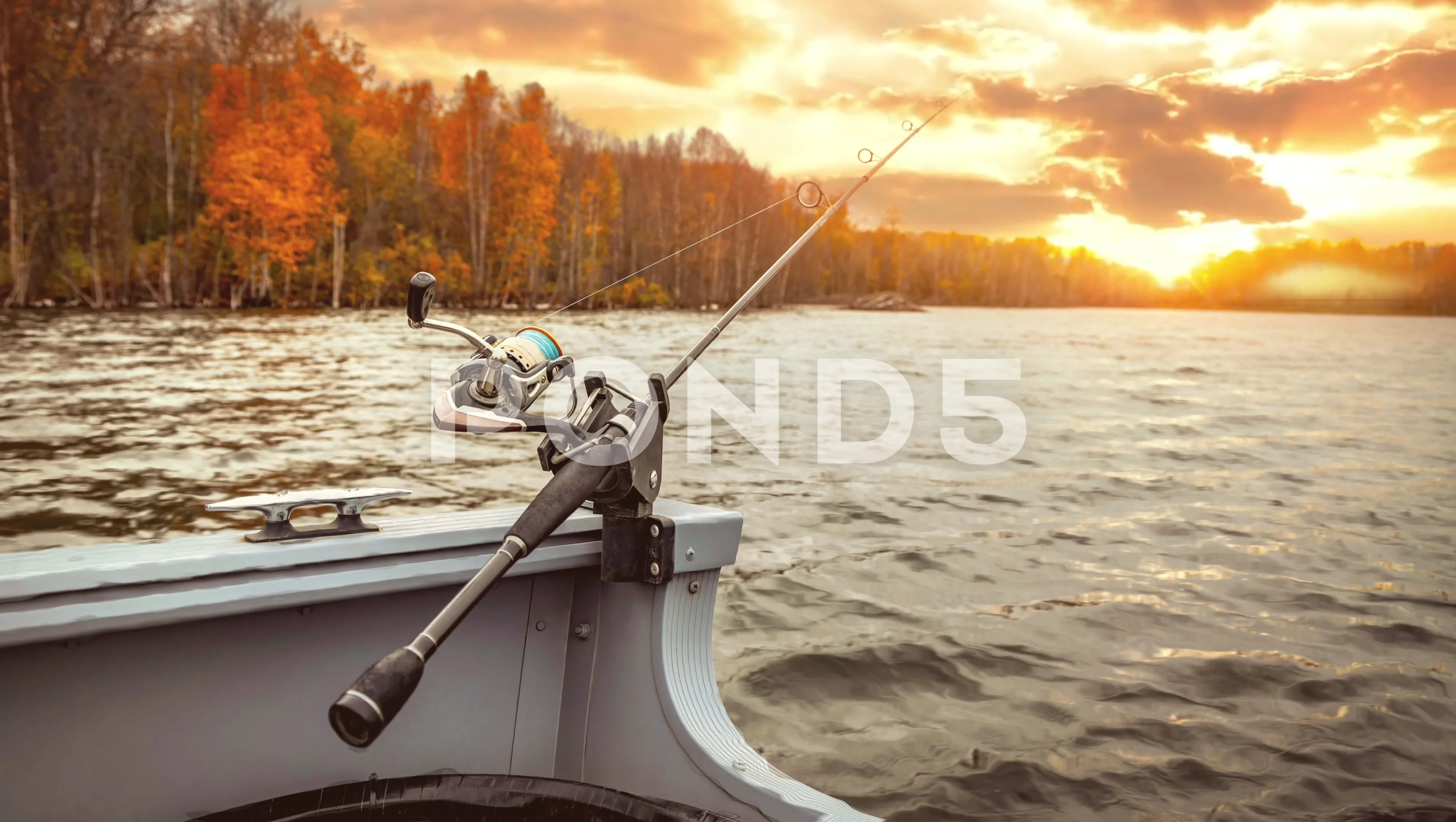 Scene of fishing pole from boat on lake , Stock Video