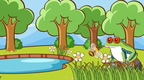 Scene with frog and bee in the park Ilustración de archivo