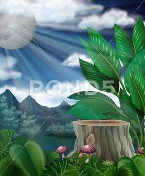 Scene with fullmoon over the forest Stock Illustration