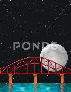 Scene with fullmoon over the river Stock Illustration