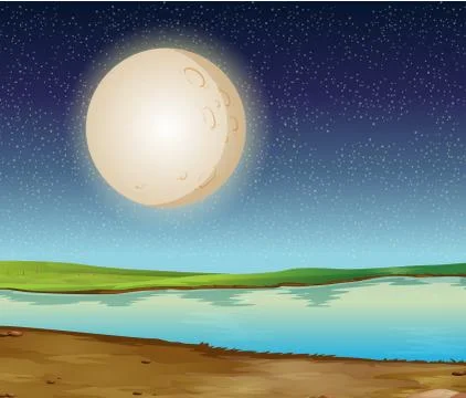 Scene with fullmoon over the river Ilustração Stock