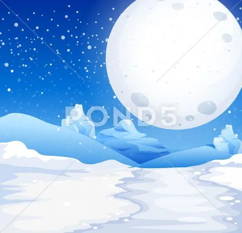 Scene with fullmoon on snowy night Stock Illustration
