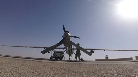 Scene of General Atomics MQ-1C Gray Eagle take off from Al Asad Airbase - 2016 Stock Footage 108267737