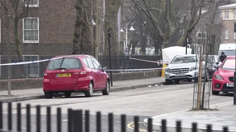 Scene in Hackney as two men arrested after 20-year-old stabbed to death Stock Footage 302367188