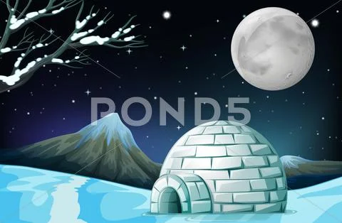 Scene with igloo on fullmoon night Stock Illustration