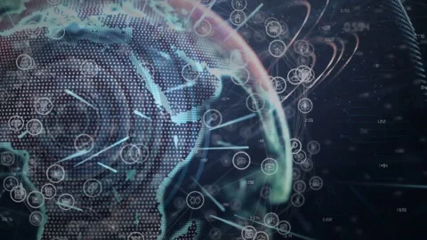 Scene initiating point-cloud globe rising from right while rotating and showing Stock Footage 310438067