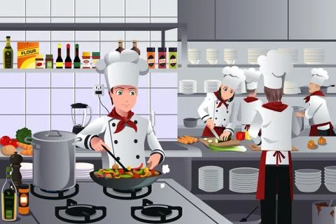Scene inside restaurant kitchen Stock Illustration
