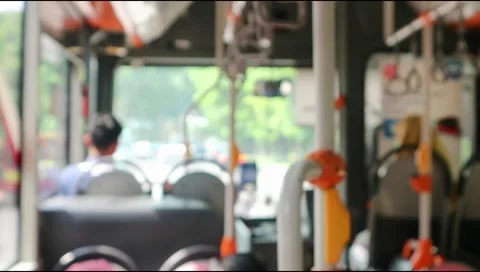 Scene inside a tram, bus, subway,moving on the road .Defocus.Video blurred Stock Footage 303570909