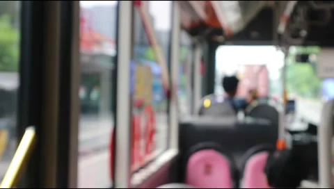 Scene inside a tram, bus, subway,moving on the road .Defocus.Video blurred Stock Footage 303571090