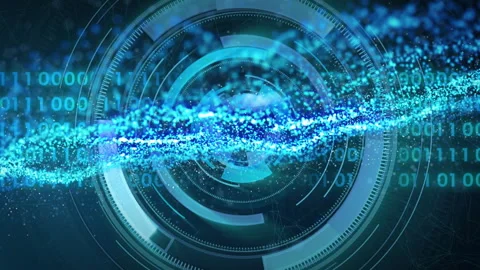 Scene launching blue particle stream slicing across rotating rings scrolling Stock Footage 314792267