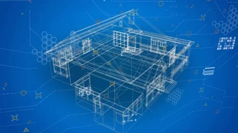 On scene load, 3D house model rotating, morphing wireframe into shaded render to Stock Footage 328685607