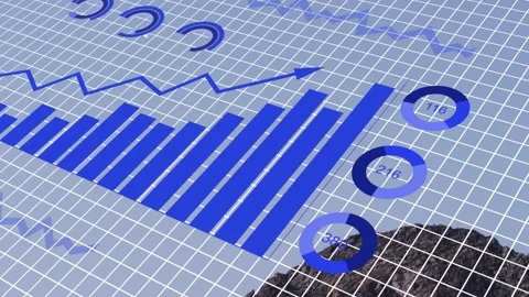 On scene load blue data visuals assembling on grid, bars extending, rings 스톡 동영상 333925189